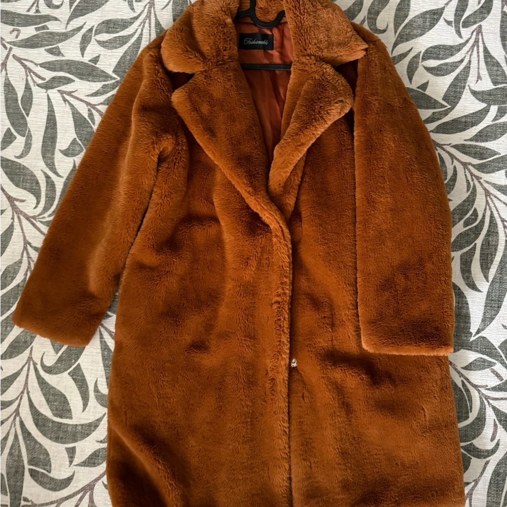 Cozy Faux Fur Long Coat in Rich Rust